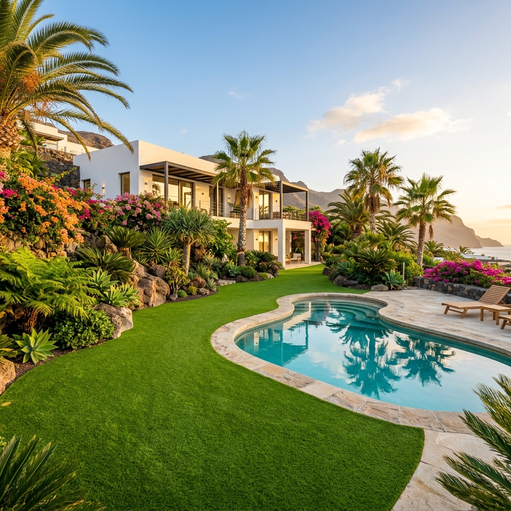 Jardín con césped artificial en Tenerife, piscina y palmeras