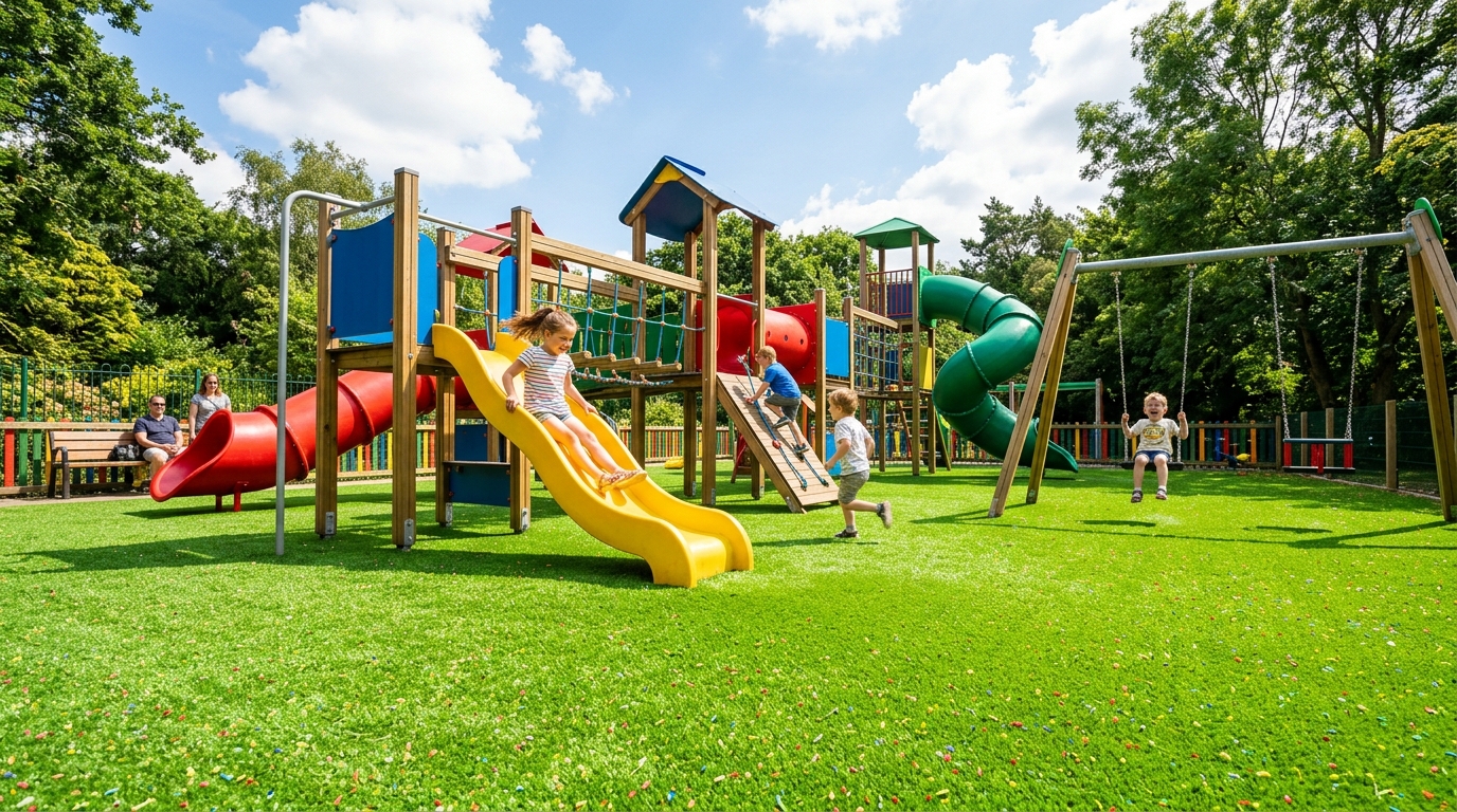 Parque infantil en comunidad de vecinos de Tenerife con césped artificial amortiguador