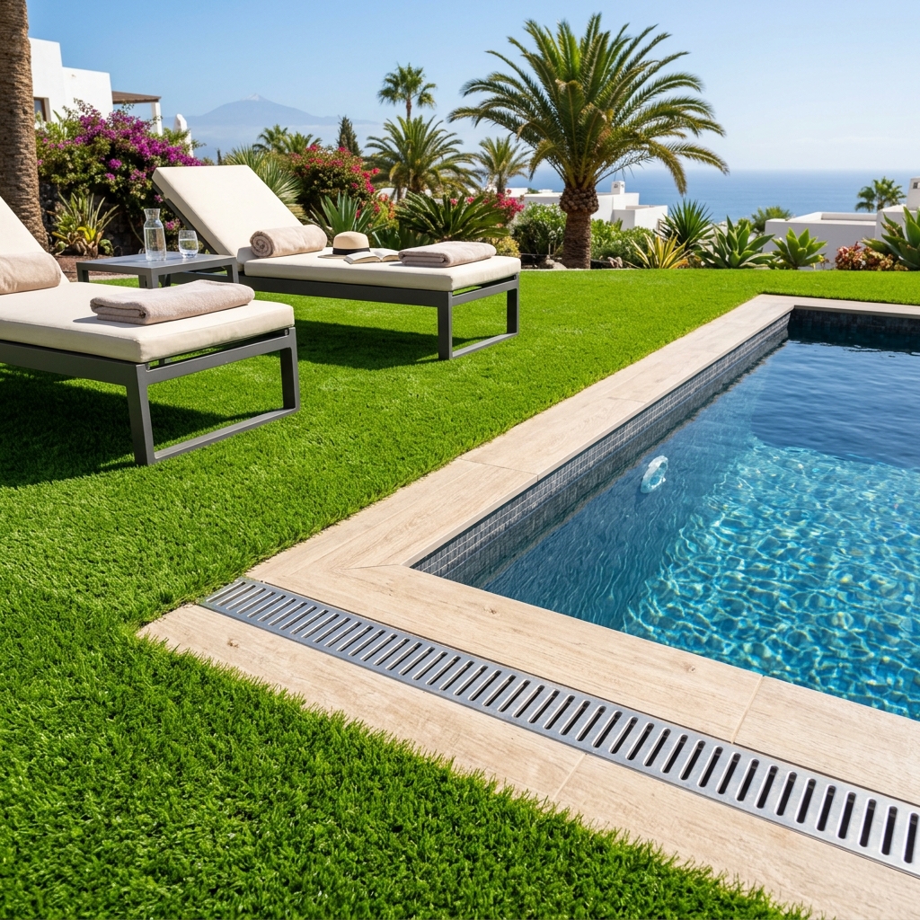Zona de piscina con césped artificial drenante en Tenerife