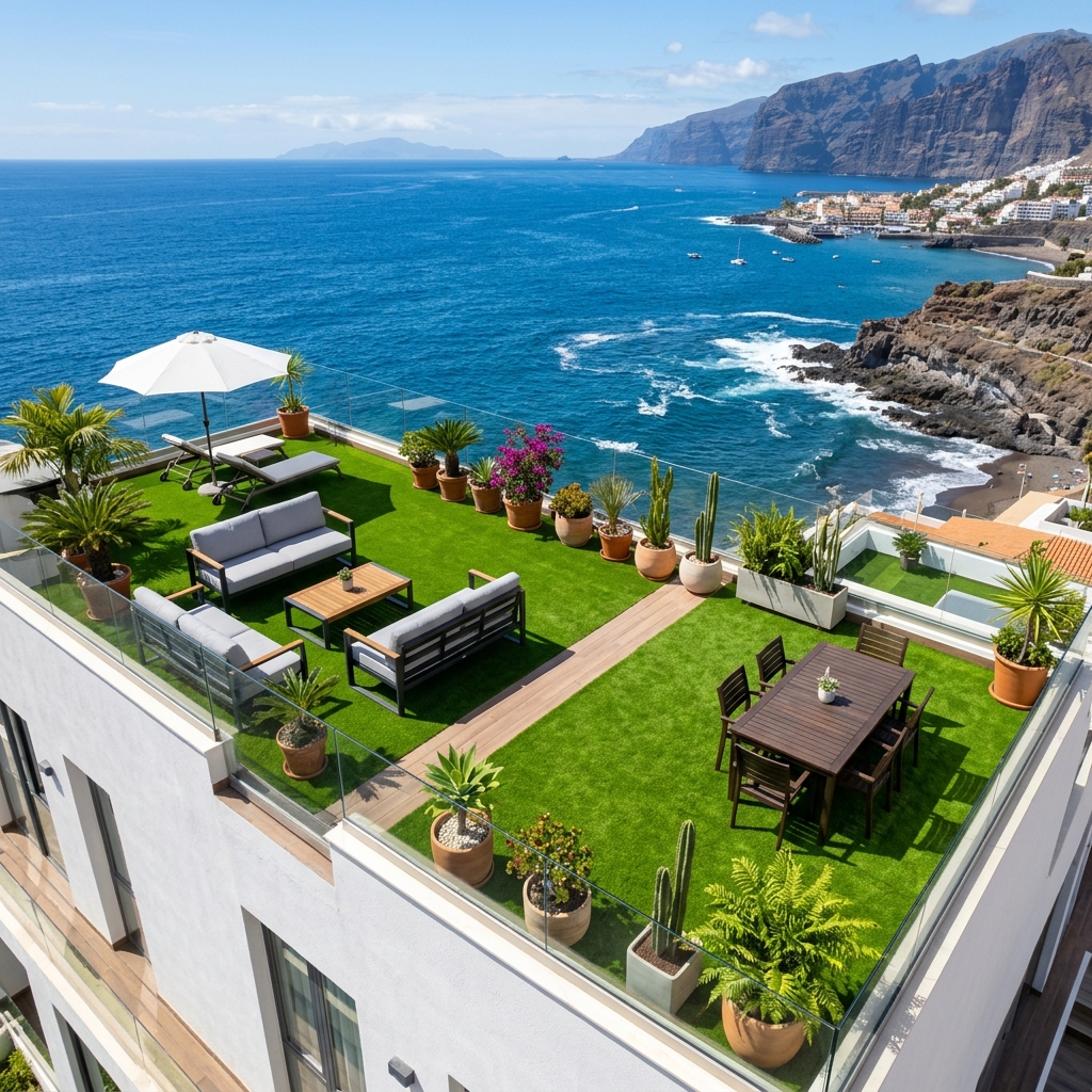 Terraza urbana con césped artificial instalado sin obras en Tenerife